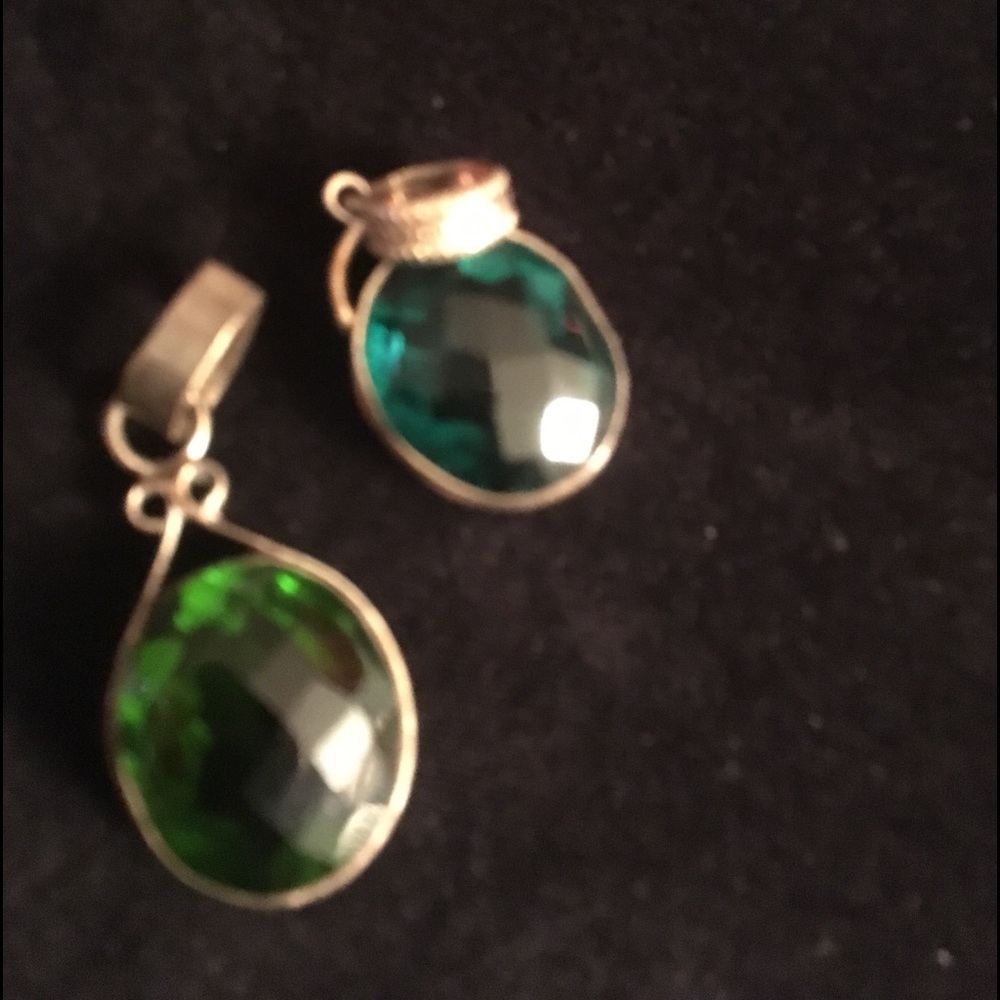 Green Quartz 2 Stones in Sterling Silver Tarnished